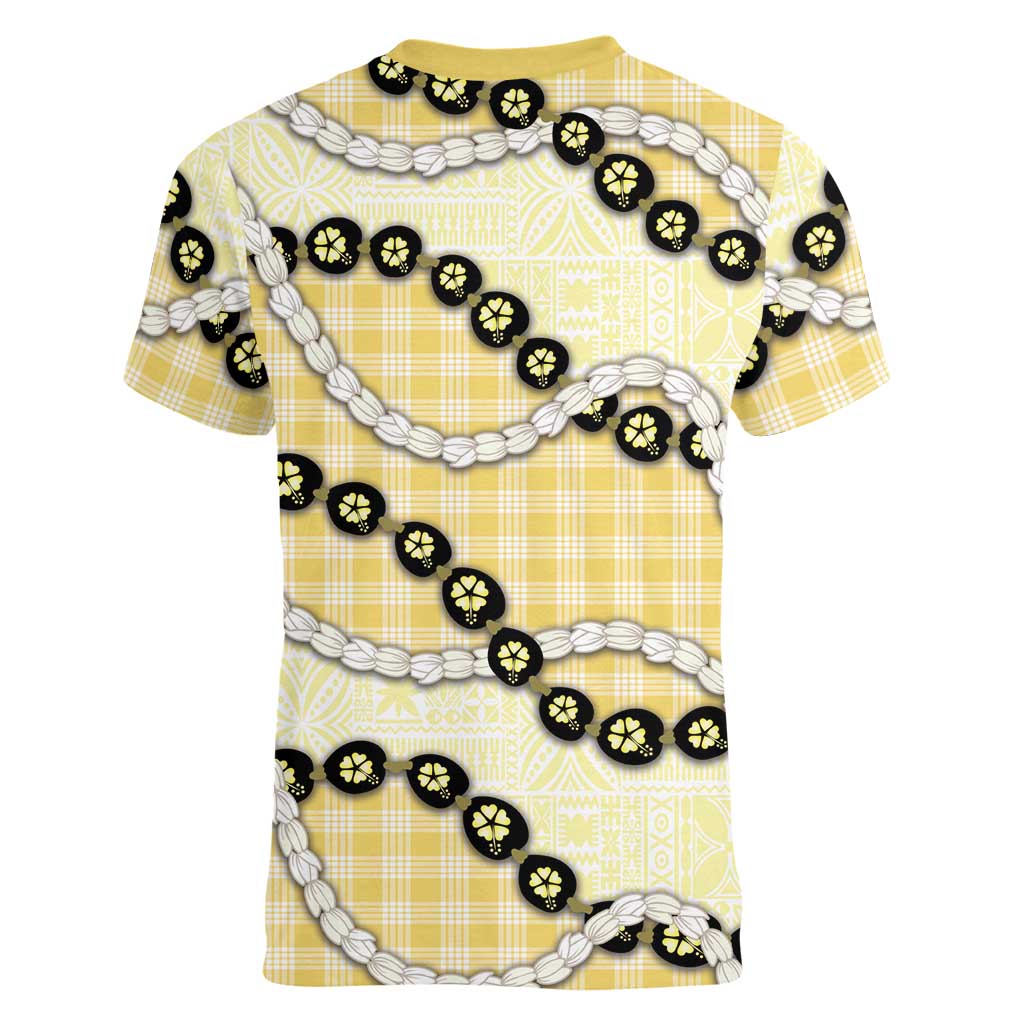Yellow Palaka Hawaii Women V-Neck T-Shirt Kukui Nut Pikake Lei Hawaiian Tapa Pattern - Polynesian Pride