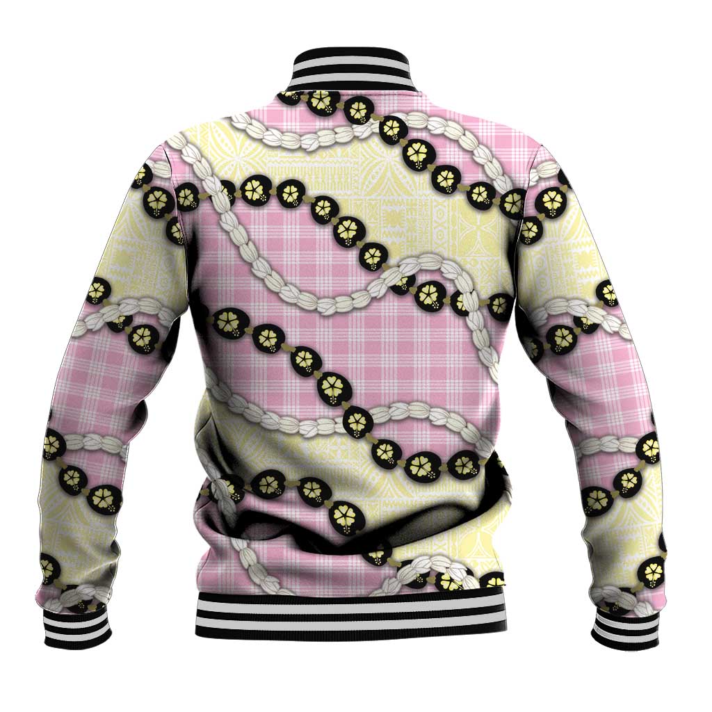 Pink Palaka Hawaii Baseball Jacket Kukui Nut Pikake Lei Hawaiian Tapa Pattern - Polynesian Pride