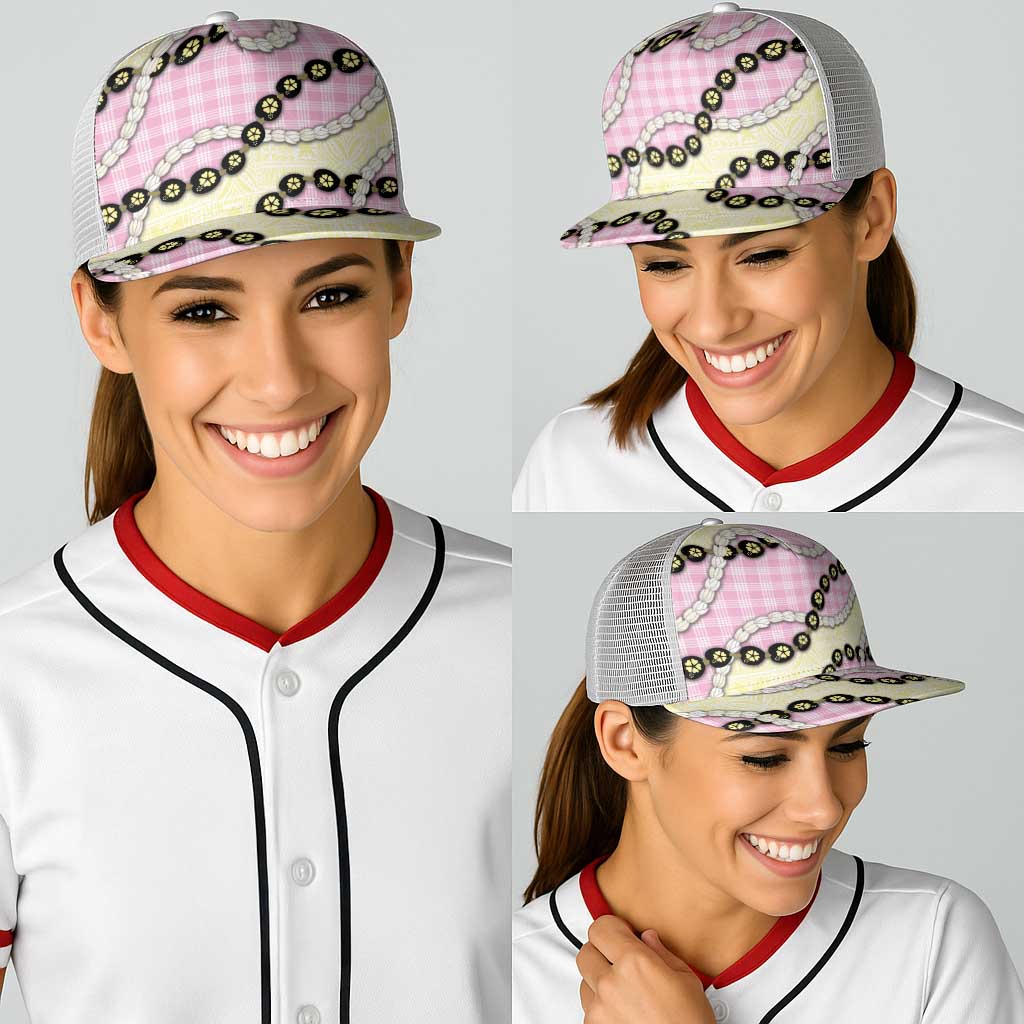 Pink Palaka Hawaii Baseball Net Cap Kukui Nut Pikake Lei Hawaiian Tapa Pattern - Polynesian Pride