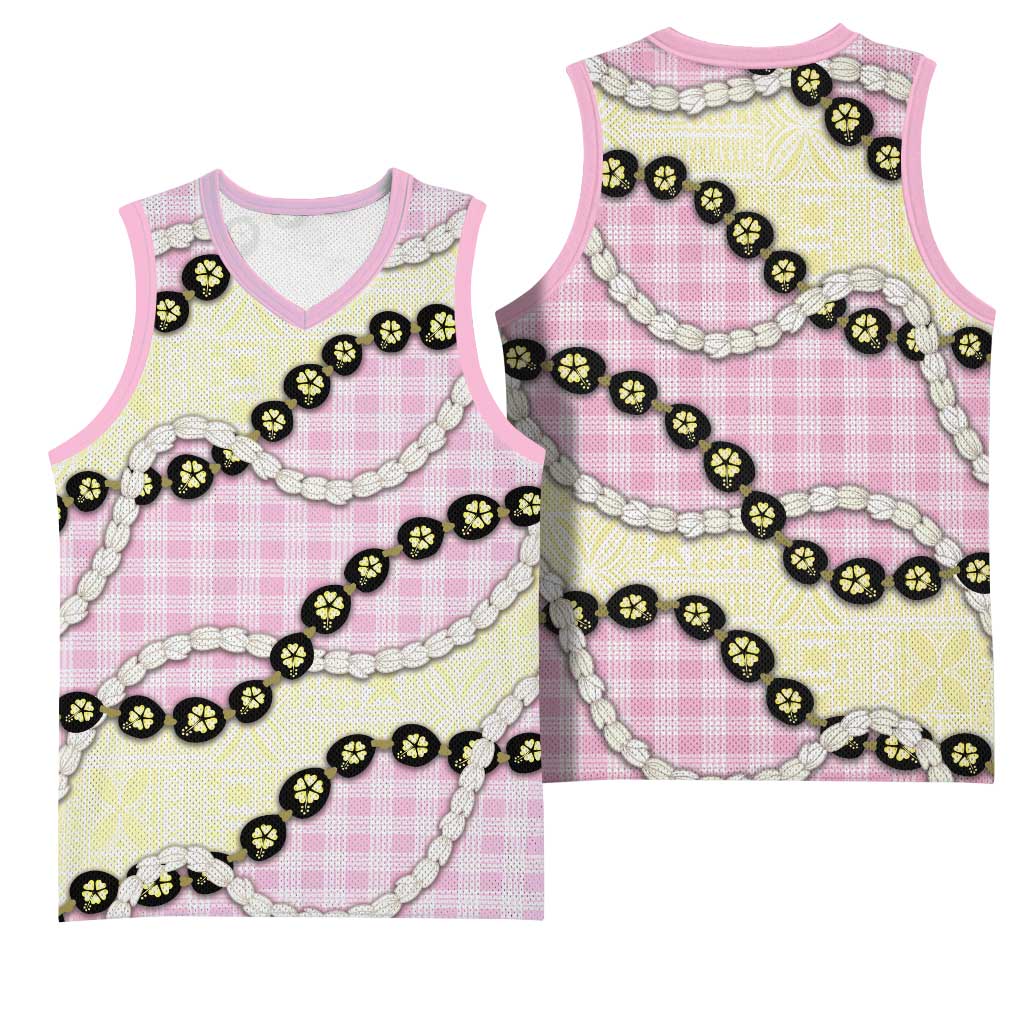 Pink Palaka Hawaii Basketball Jersey Kukui Nut Pikake Lei Hawaiian Tapa Pattern - Polynesian Pride