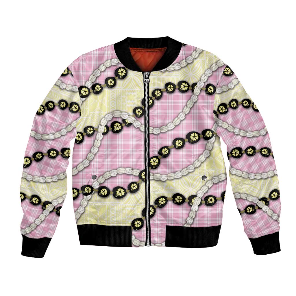 Pink Palaka Hawaii Bomber Jacket Kukui Nut Pikake Lei Hawaiian Tapa Pattern - Polynesian Pride