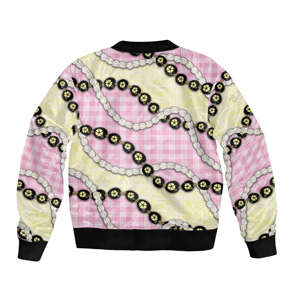 Pink Palaka Hawaii Bomber Jacket Kukui Nut Pikake Lei Hawaiian Tapa Pattern - Polynesian Pride