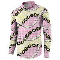 Pink Palaka Hawaii Button Sweatshirt Kukui Nut Pikake Lei Hawaiian Tapa Pattern - Polynesian Pride