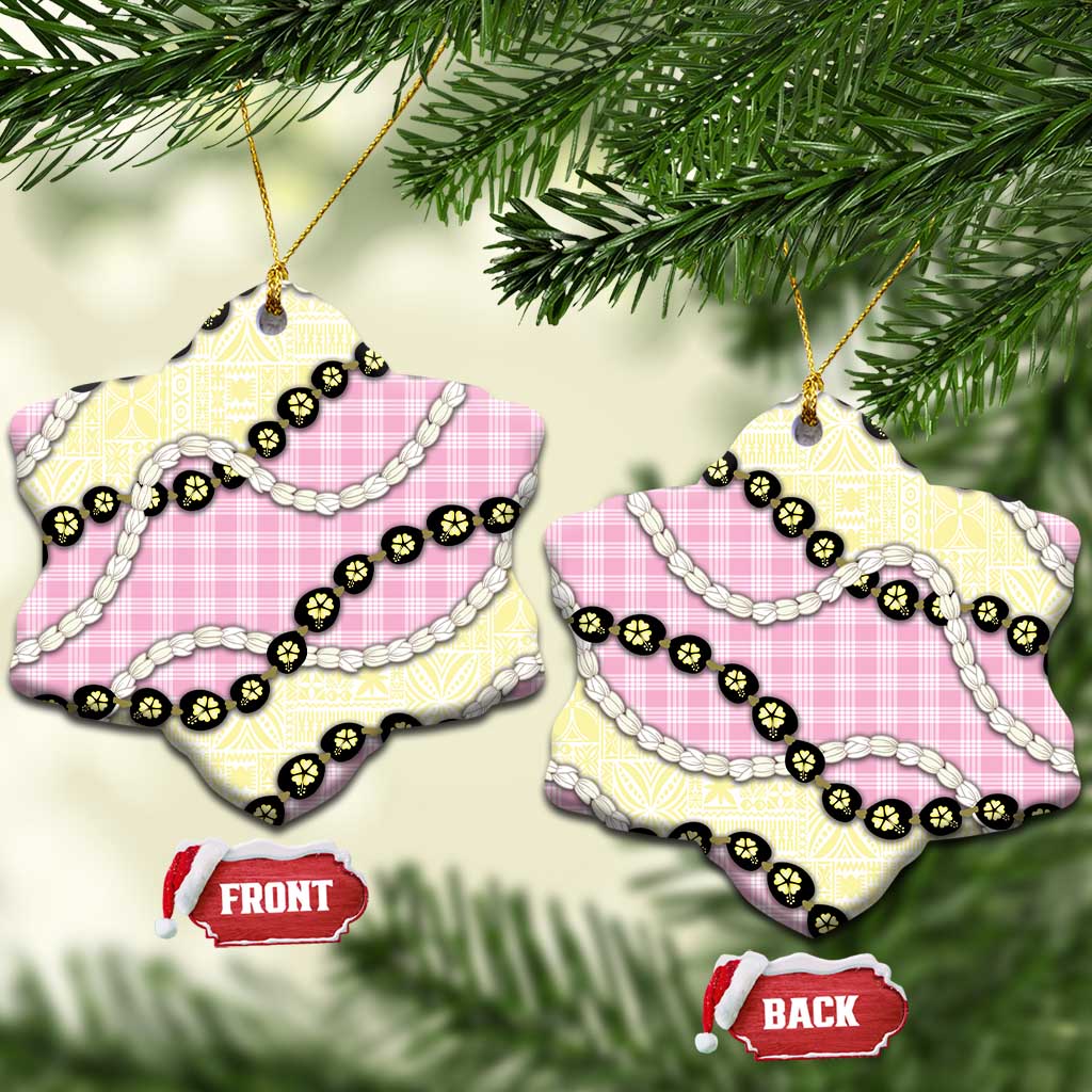 Pink Palaka Hawaii Ceramic Ornament Kukui Nut Pikake Lei Hawaiian Tapa Pattern - Polynesian Pride