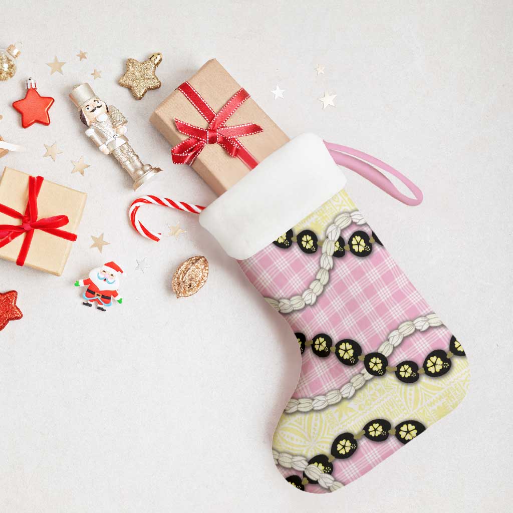 Pink Palaka Hawaii Christmas Stocking Kukui Nut Pikake Lei Hawaiian Tapa Pattern - Polynesian Pride