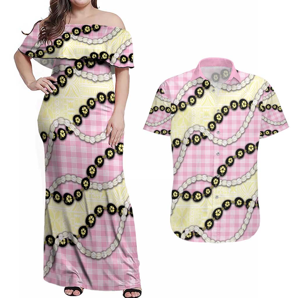 Pink Palaka Hawaii Couples Matching Off Shoulder Maxi Dress and Hawaiian Shirt Kukui Nut Pikake Lei Hawaiian Tapa Pattern - Polynesian Pride