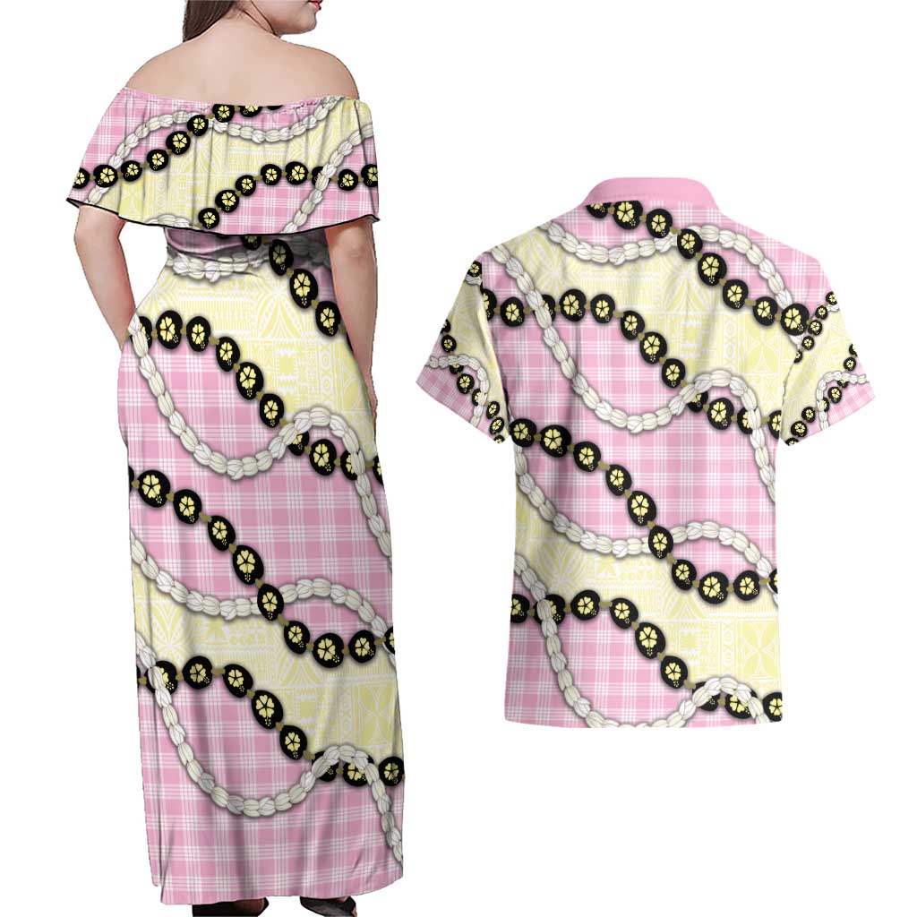 Pink Palaka Hawaii Couples Matching Off Shoulder Maxi Dress and Hawaiian Shirt Kukui Nut Pikake Lei Hawaiian Tapa Pattern - Polynesian Pride