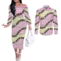 Pink Palaka Hawaii Couples Matching Off The Shoulder Long Sleeve Dress and Long Sleeve Button Shirt Kukui Nut Pikake Lei Hawaiian Tapa Pattern - Polynesian Pride
