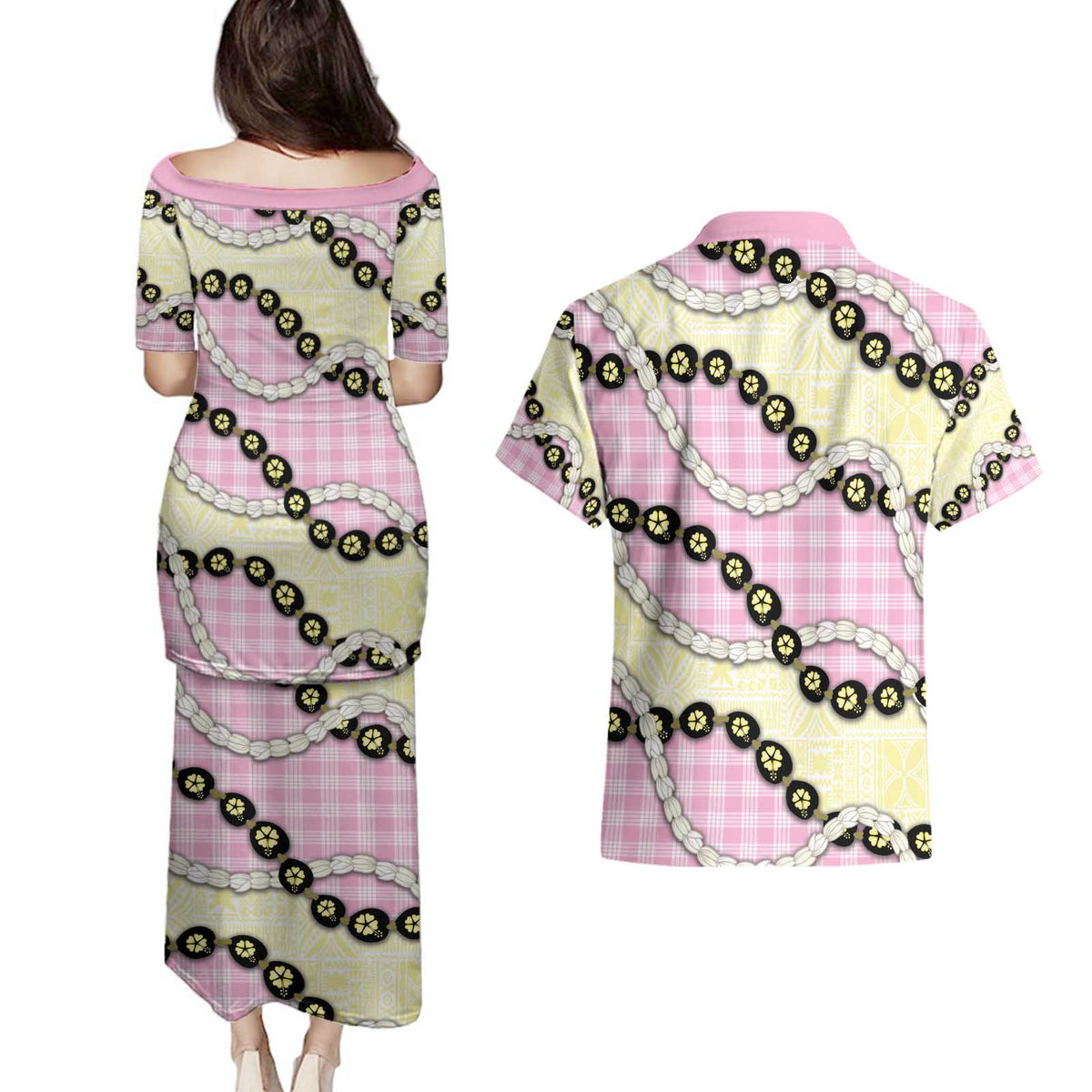 Pink Palaka Hawaii Couples Matching Puletasi and Hawaiian Shirt Kukui Nut Pikake Lei Hawaiian Tapa Pattern - Polynesian Pride