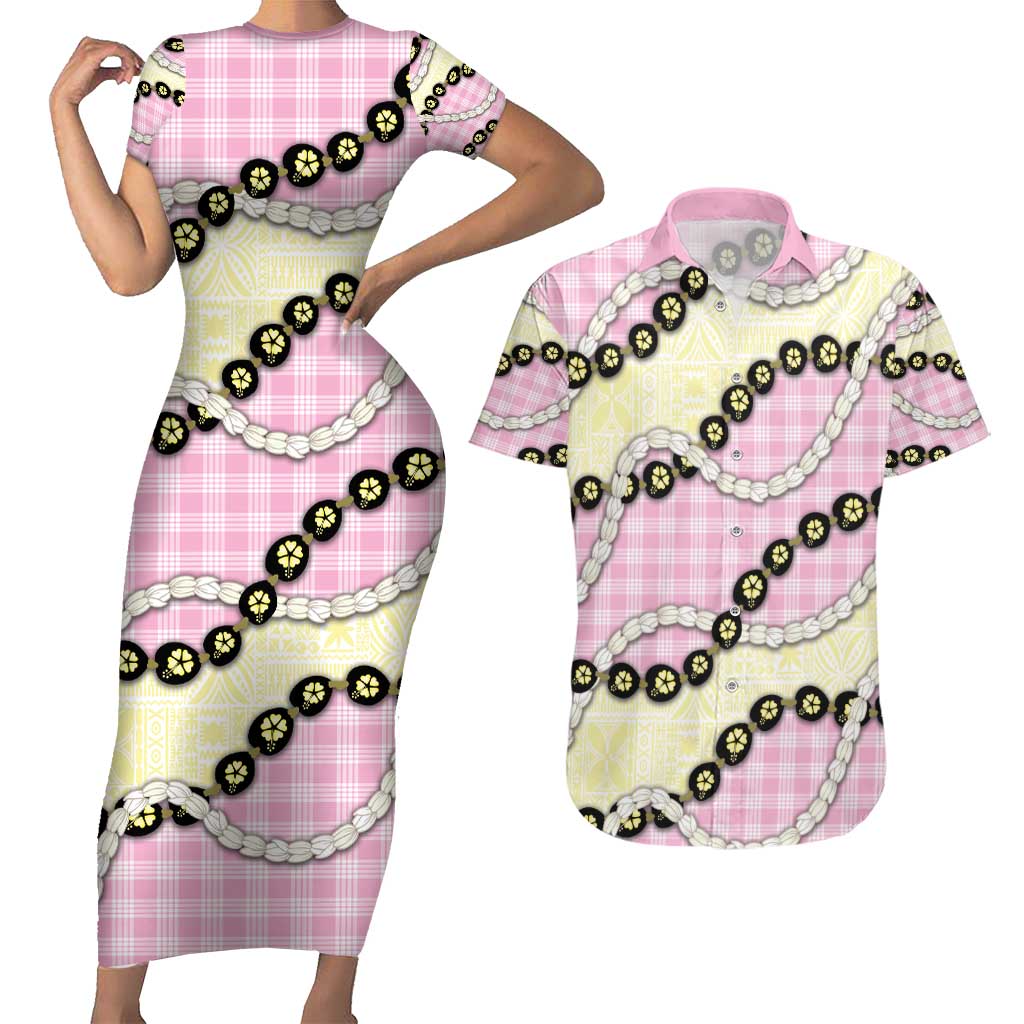 Pink Palaka Hawaii Couples Matching Short Sleeve Bodycon Dress and Hawaiian Shirt Kukui Nut Pikake Lei Hawaiian Tapa Pattern - Polynesian Pride