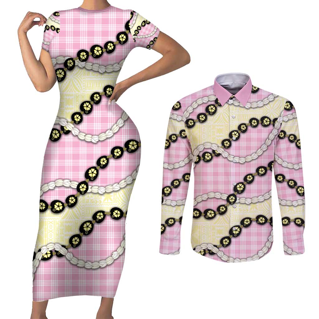 Pink Palaka Hawaii Couples Matching Short Sleeve Bodycon Dress and Long Sleeve Button Shirt Kukui Nut Pikake Lei Hawaiian Tapa Pattern - Polynesian Pride
