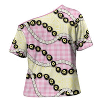 Pink Palaka Hawaii Cross Shoulder Shirt Kukui Nut Pikake Lei Hawaiian Tapa Pattern - Polynesian Pride