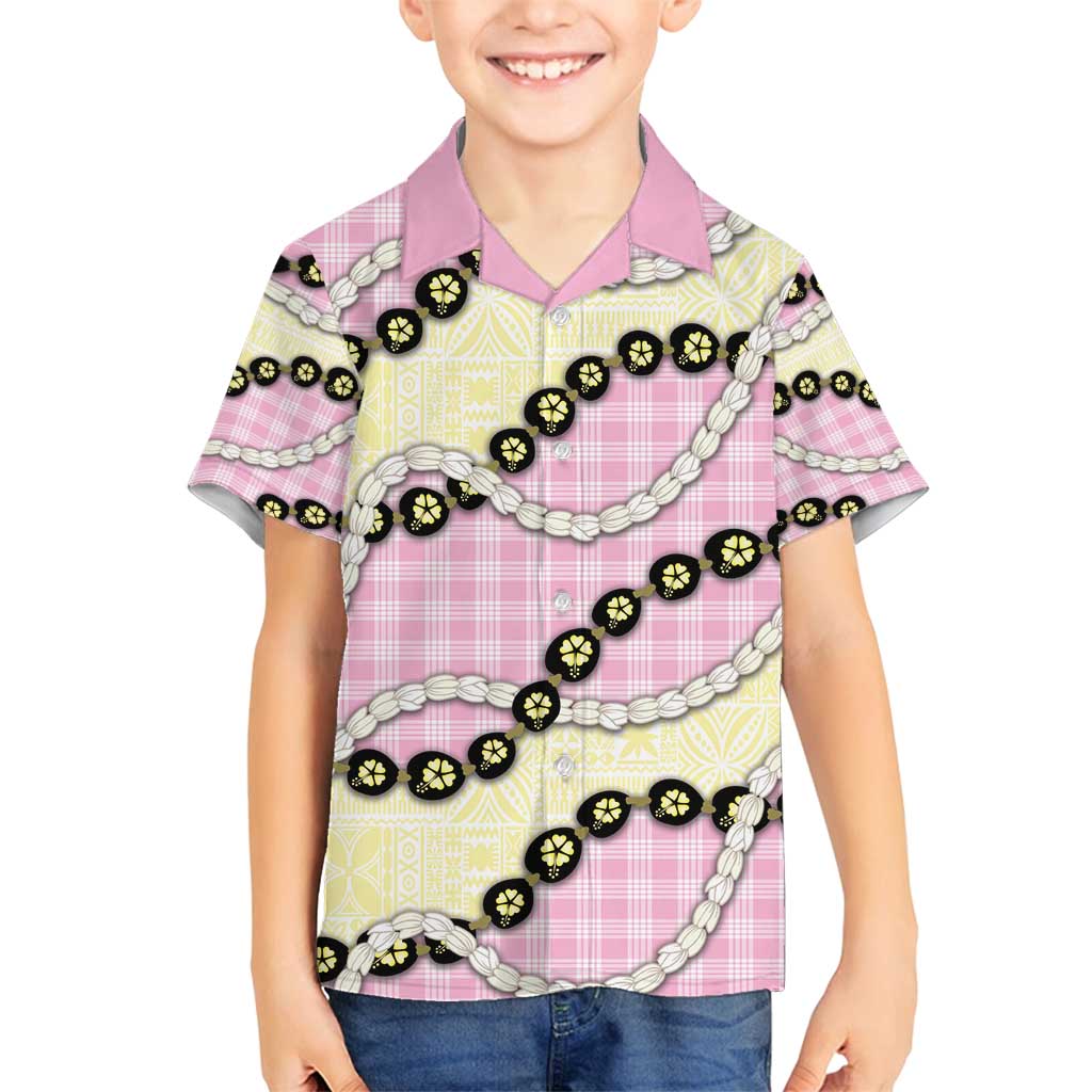 Pink Palaka Hawaii Family Matching Long Sleeve Bodycon Dress and Hawaiian Shirt Kukui Nut Pikake Lei Hawaiian Tapa Pattern - Polynesian Pride