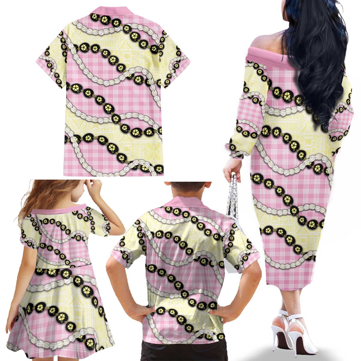 Pink Palaka Hawaii Family Matching Off The Shoulder Long Sleeve Dress and Hawaiian Shirt Kukui Nut Pikake Lei Hawaiian Tapa Pattern - Polynesian Pride