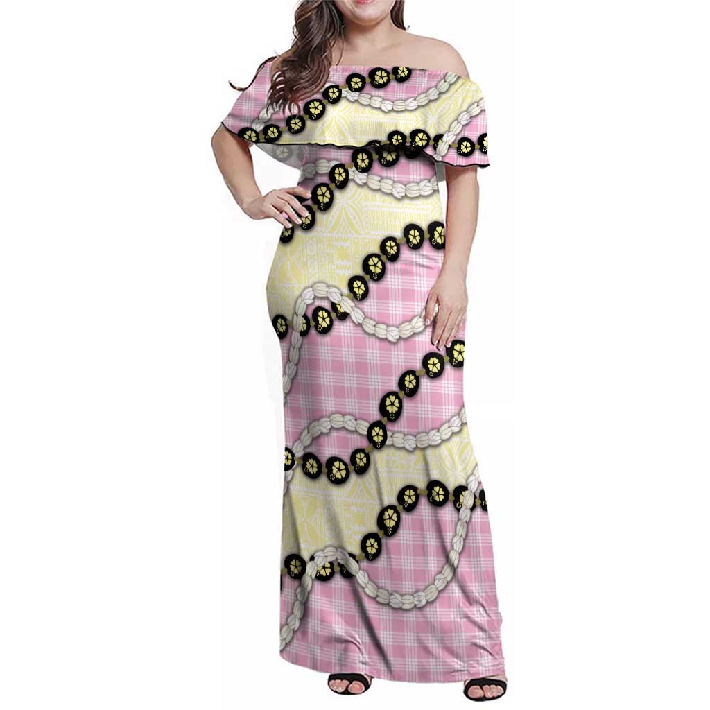 Pink Palaka Hawaii Family Matching Off Shoulder Maxi Dress and Hawaiian Shirt Kukui Nut Pikake Lei Hawaiian Tapa Pattern - Polynesian Pride