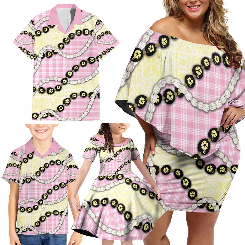 Pink Palaka Hawaii Family Matching Off Shoulder Short Dress and Hawaiian Shirt Kukui Nut Pikake Lei Hawaiian Tapa Pattern - Polynesian Pride