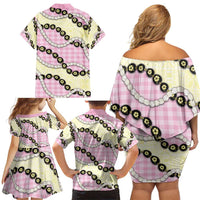 Pink Palaka Hawaii Family Matching Off Shoulder Short Dress and Hawaiian Shirt Kukui Nut Pikake Lei Hawaiian Tapa Pattern - Polynesian Pride