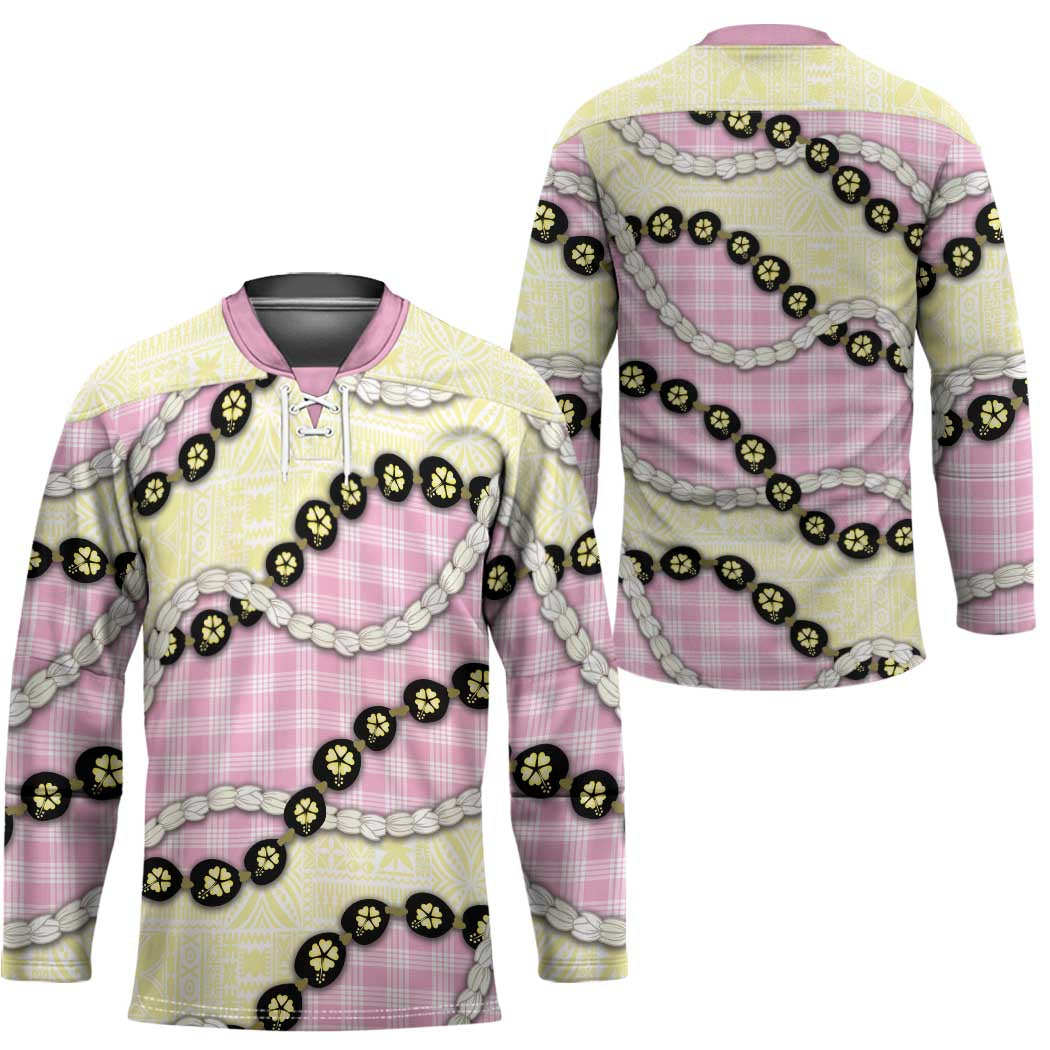 Pink Palaka Hawaii Hockey Jersey Kukui Nut Pikake Lei Hawaiian Tapa Pattern - Polynesian Pride