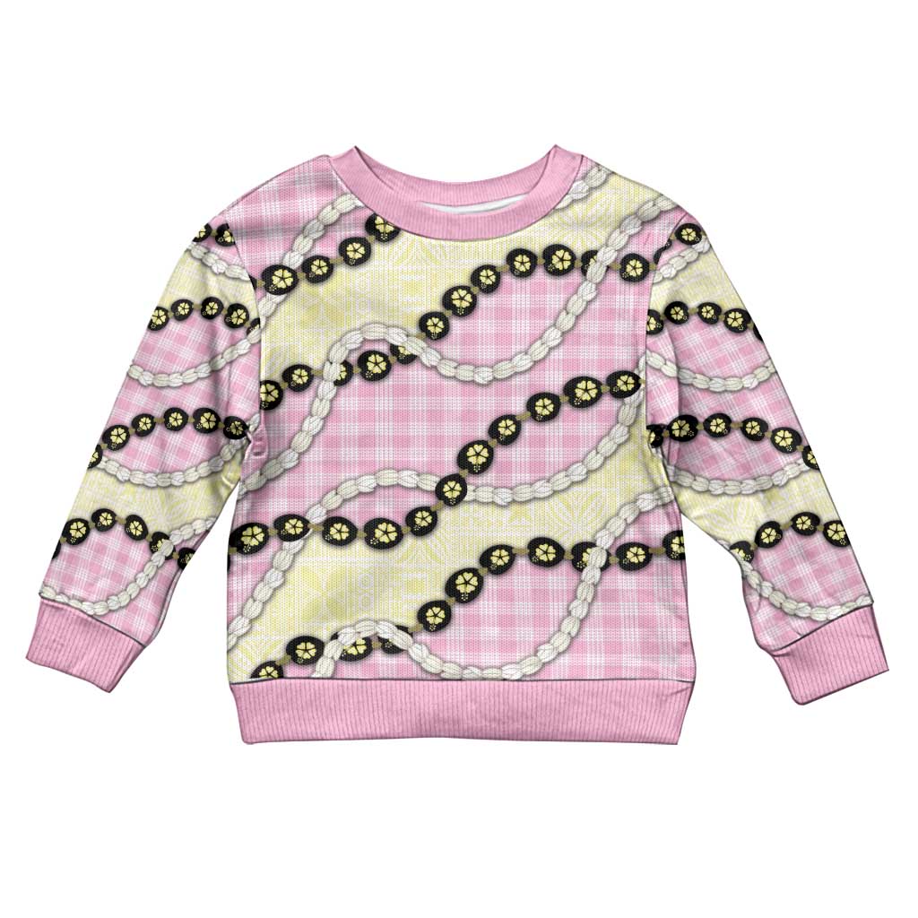 Pink Palaka Hawaii Kid Ugly Christmas Sweater Kukui Nut Pikake Lei Hawaiian Tapa Pattern - Polynesian Pride