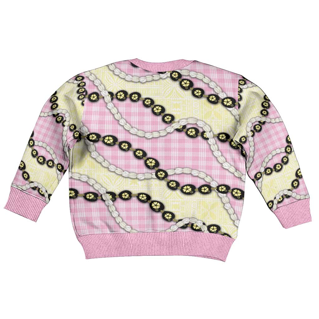 Pink Palaka Hawaii Kid Ugly Christmas Sweater Kukui Nut Pikake Lei Hawaiian Tapa Pattern - Polynesian Pride