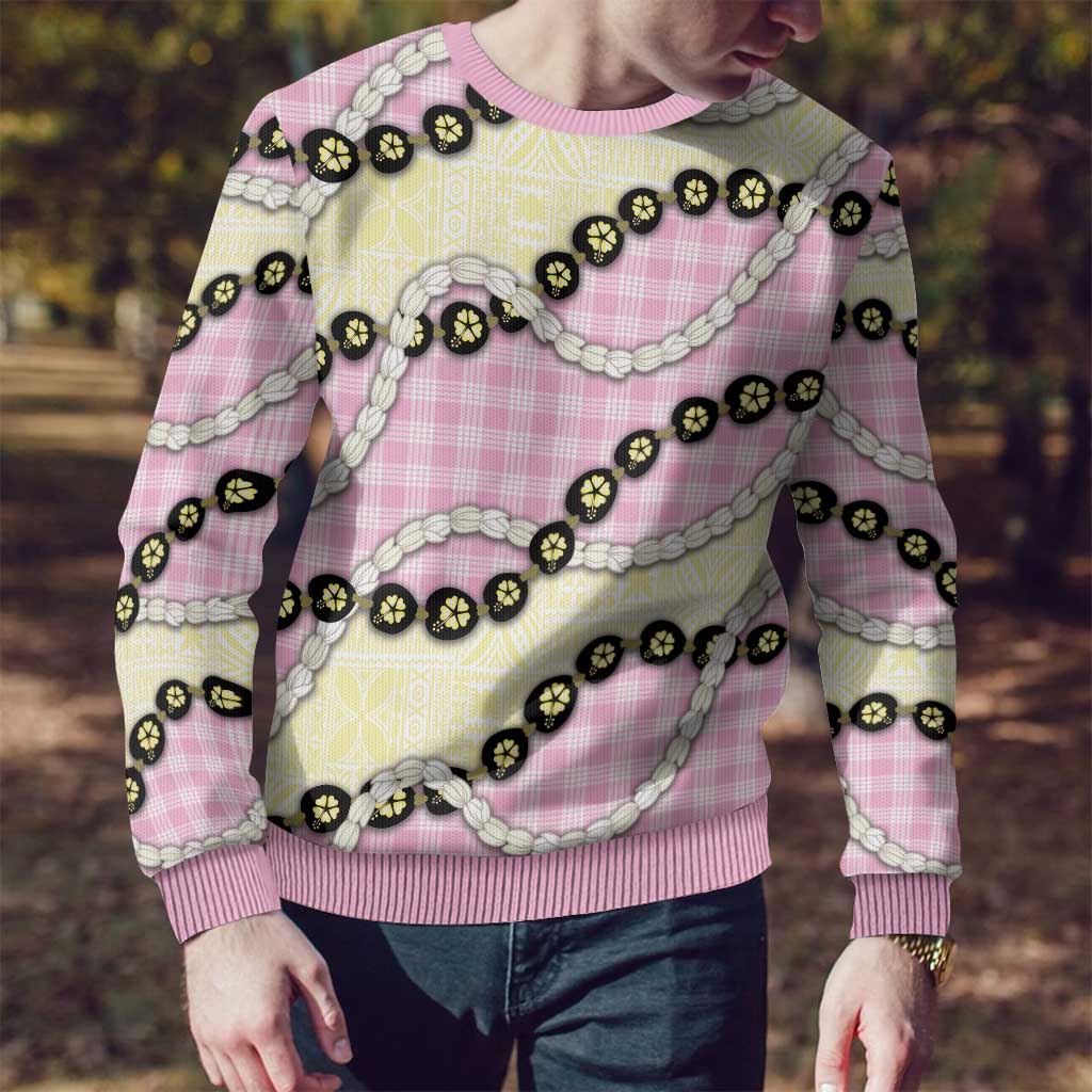 Pink Palaka Hawaii Ugly Christmas Sweater Kukui Nut Pikake Lei Hawaiian Tapa Pattern - Polynesian Pride
