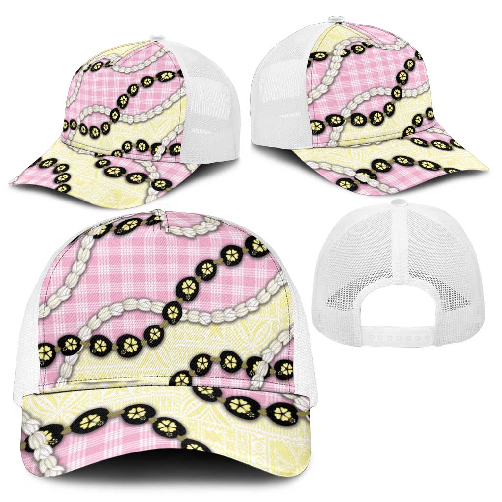 Pink Palaka Hawaii Mesh Trucker Cap Kukui Nut Pikake Lei Hawaiian Tapa Pattern - Polynesian Pride