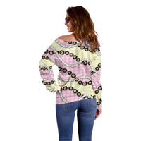 Pink Palaka Hawaii Off Shoulder Sweater Kukui Nut Pikake Lei Hawaiian Tapa Pattern - Polynesian Pride