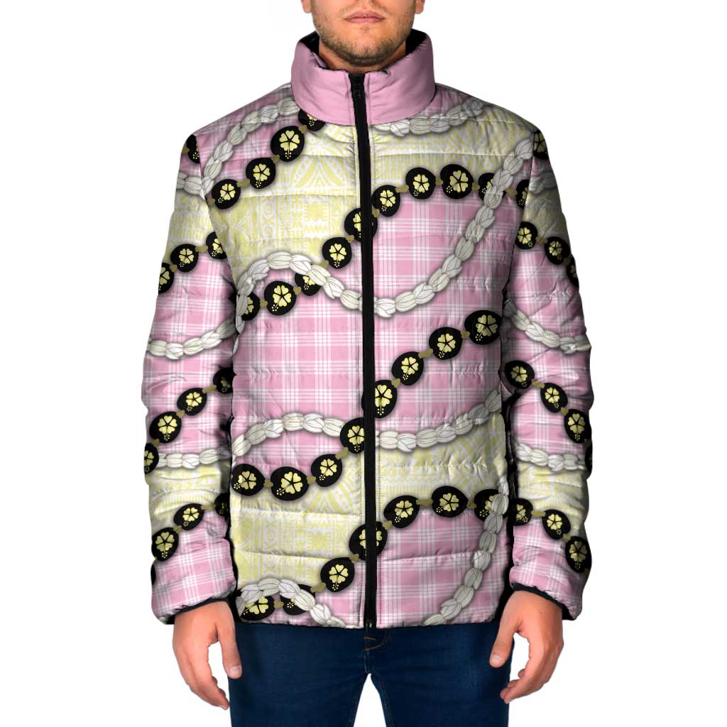 Pink Palaka Hawaii Padded Jacket Kukui Nut Pikake Lei Hawaiian Tapa Pattern - Polynesian Pride