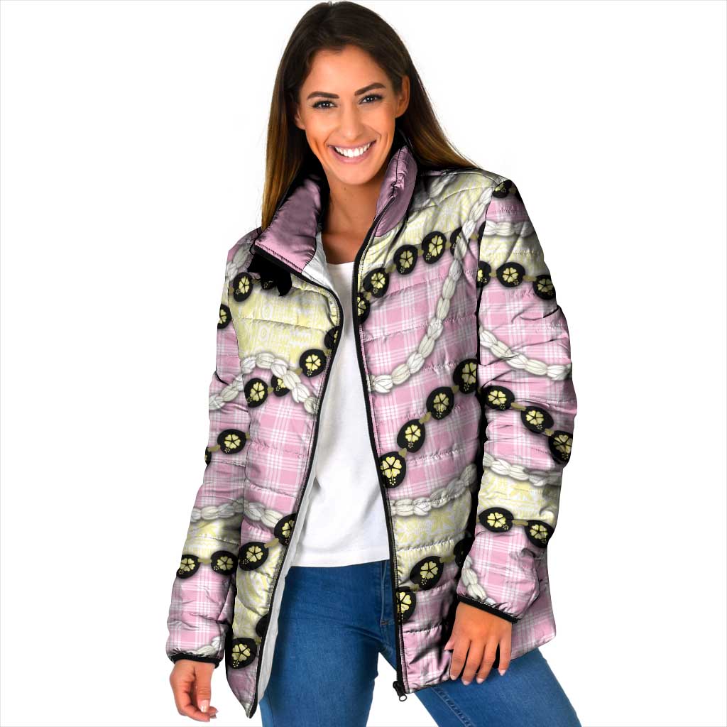 Pink Palaka Hawaii Padded Jacket Kukui Nut Pikake Lei Hawaiian Tapa Pattern - Polynesian Pride
