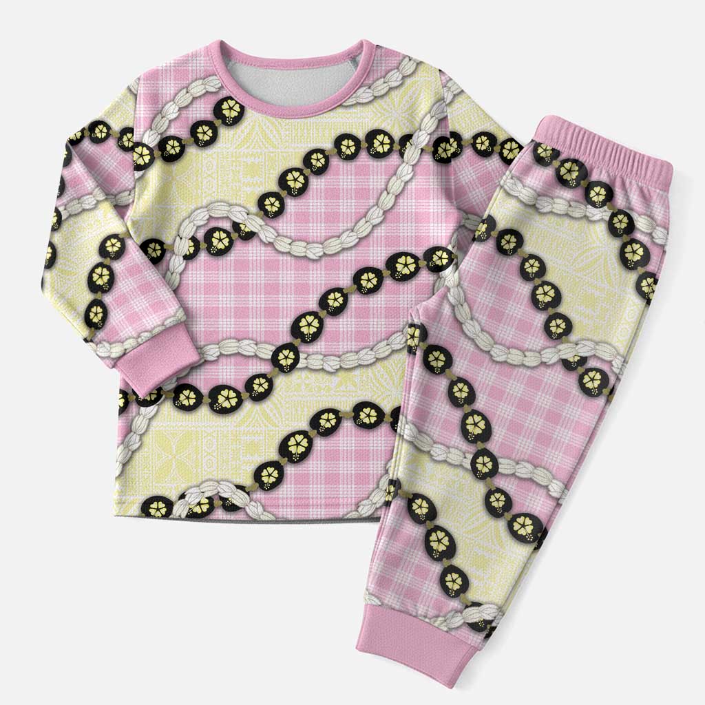 Pink Palaka Hawaii Christmas Pajama Set Kukui Nut Pikake Lei Hawaiian Tapa Pattern - Polynesian Pride