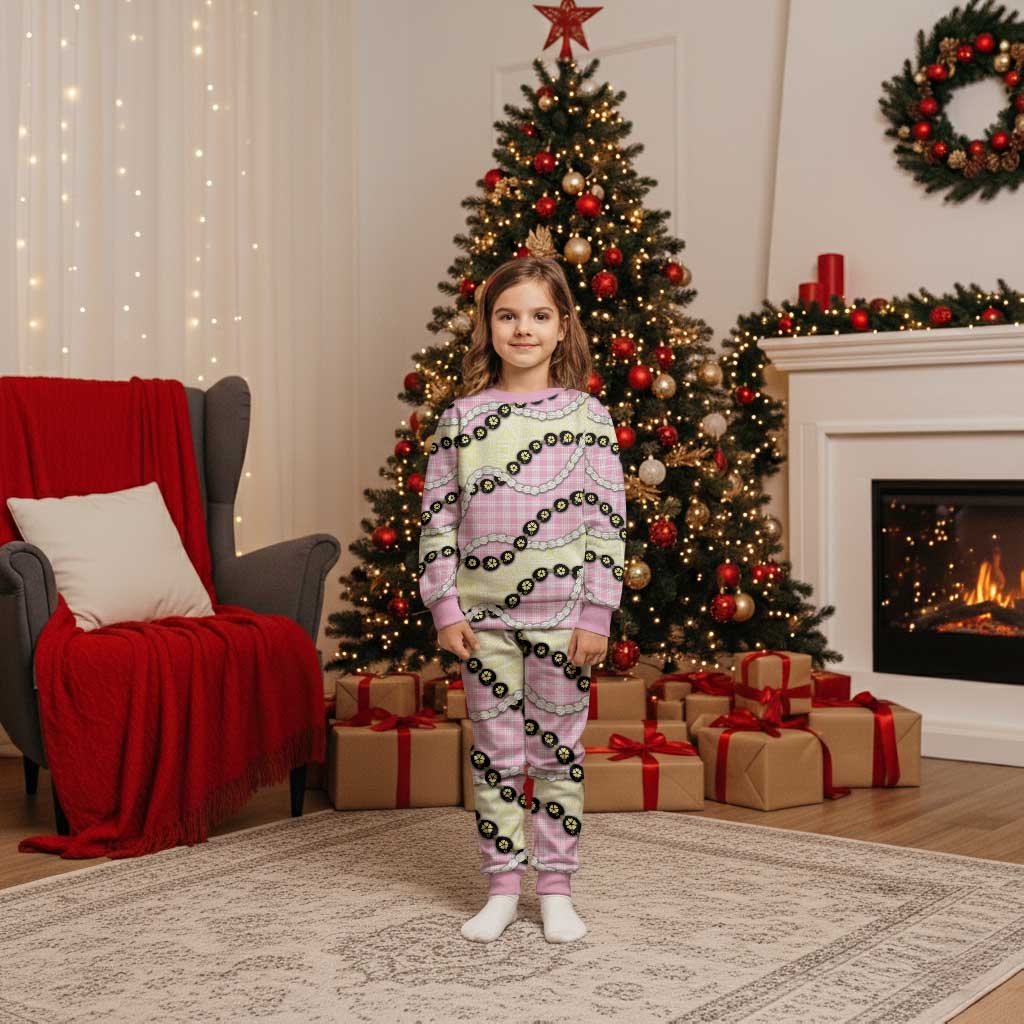 Pink Palaka Hawaii Christmas Pajama Set Kukui Nut Pikake Lei Hawaiian Tapa Pattern LT14 Kid Pink - Polynesian Pride