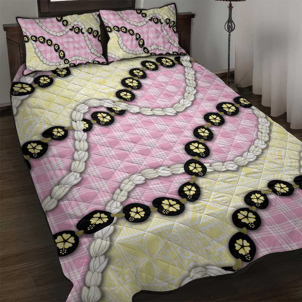 Pink Palaka Hawaii Quilt Bed Set Kukui Nut Pikake Lei Hawaiian Tapa Pattern - Polynesian Pride