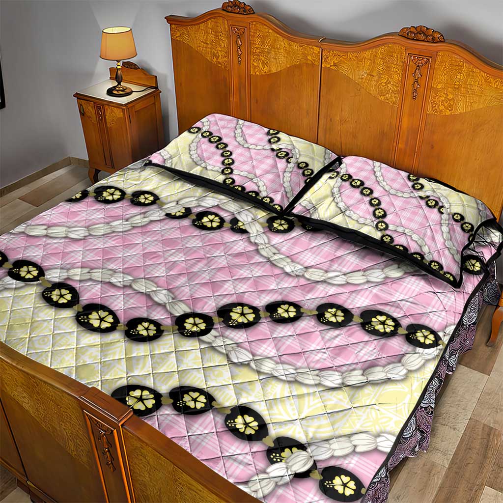 Pink Palaka Hawaii Quilt Bed Set Kukui Nut Pikake Lei Hawaiian Tapa Pattern - Polynesian Pride