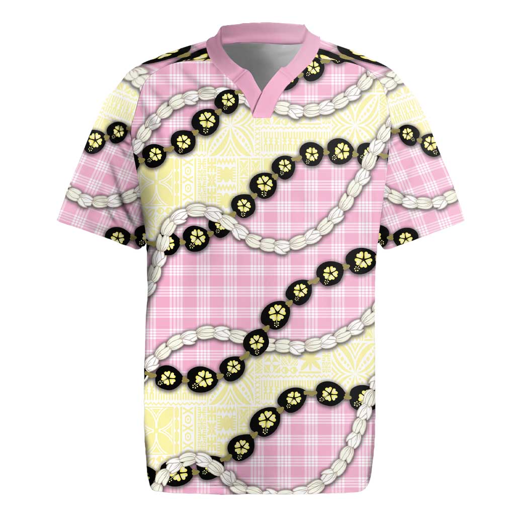 Pink Palaka Hawaii Rugby Jersey Kukui Nut Pikake Lei Hawaiian Tapa Pattern - Polynesian Pride