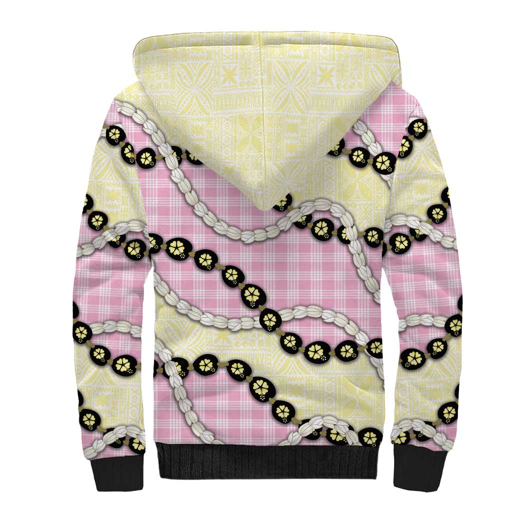 Pink Palaka Hawaii Sherpa Hoodie Kukui Nut Pikake Lei Hawaiian Tapa Pattern - Polynesian Pride