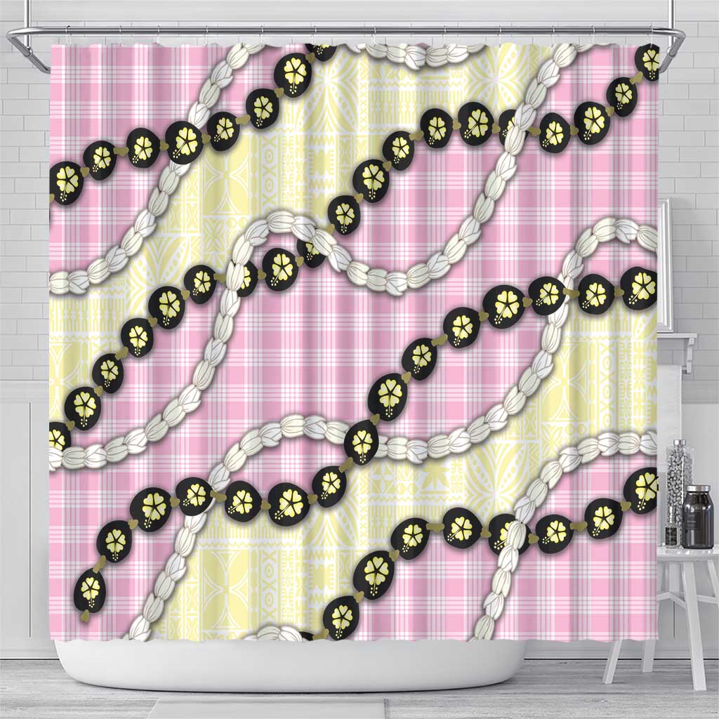Pink Palaka Hawaii Shower Curtain Kukui Nut Pikake Lei Hawaiian Tapa Pattern - Polynesian Pride