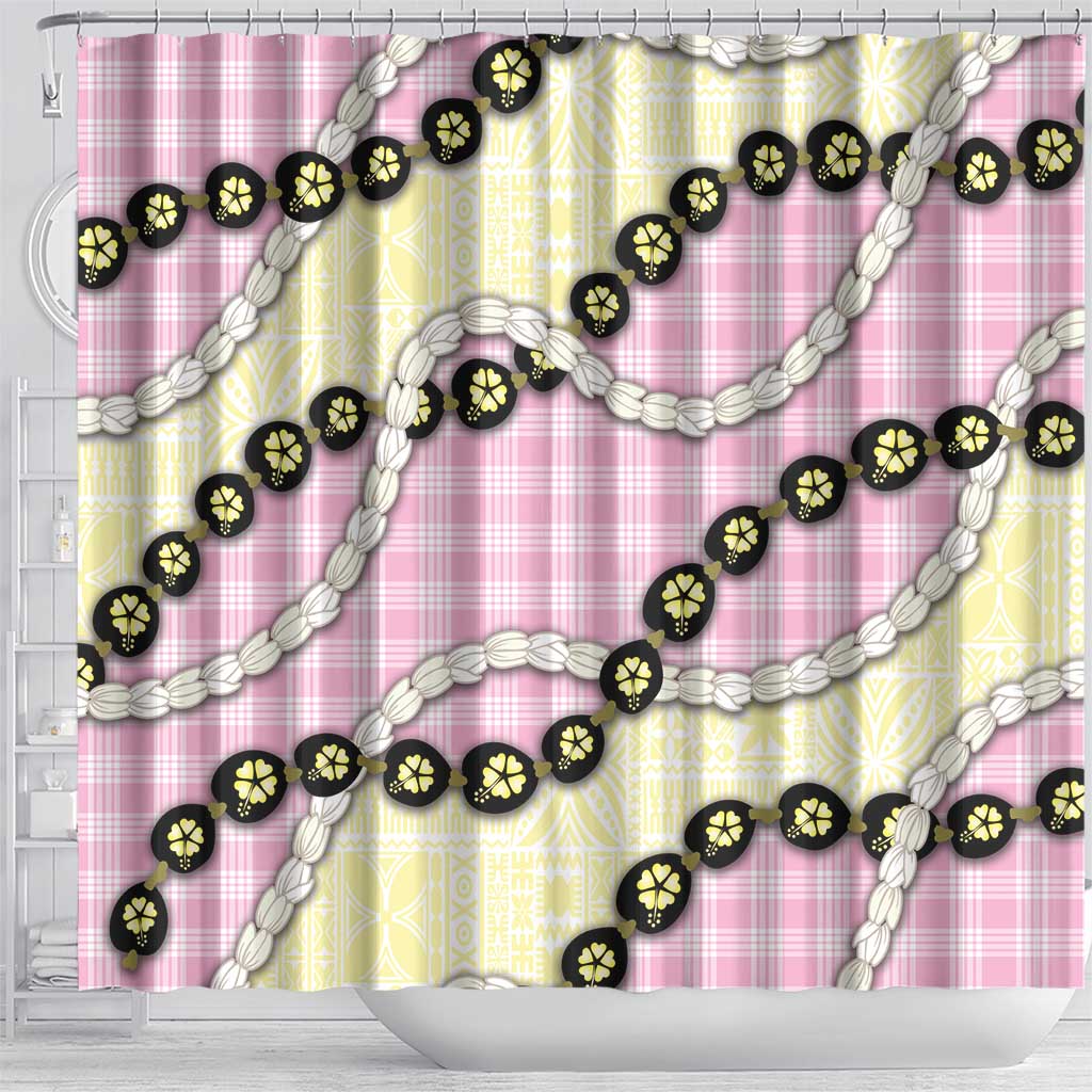Pink Palaka Hawaii Shower Curtain Kukui Nut Pikake Lei Hawaiian Tapa Pattern - Polynesian Pride