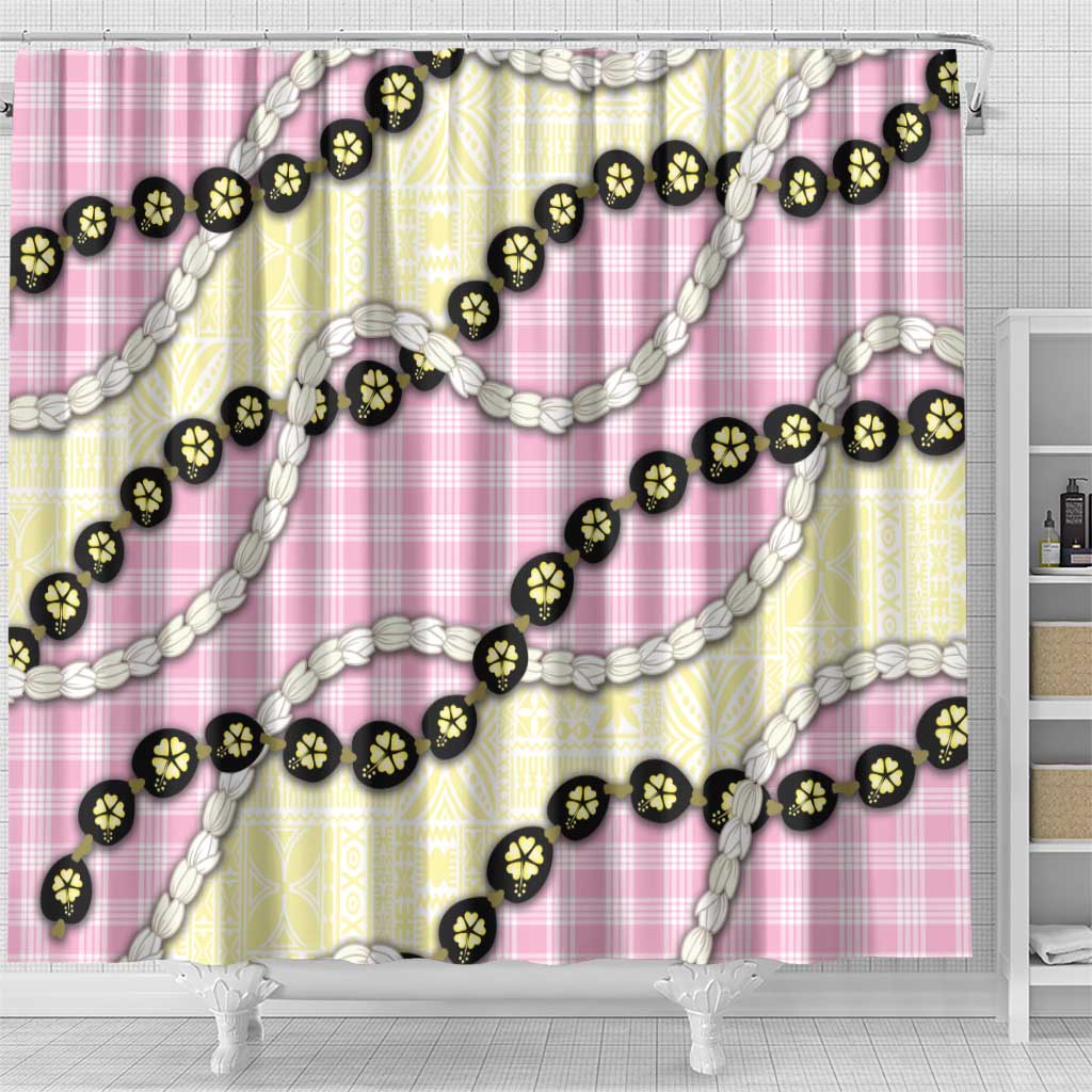Pink Palaka Hawaii Shower Curtain Kukui Nut Pikake Lei Hawaiian Tapa Pattern - Polynesian Pride