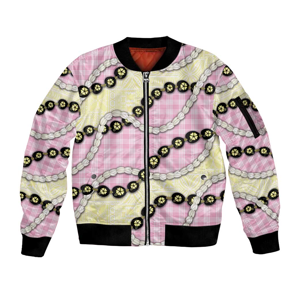Pink Palaka Hawaii Sleeve Zip Bomber Jacket Kukui Nut Pikake Lei Hawaiian Tapa Pattern - Polynesian Pride