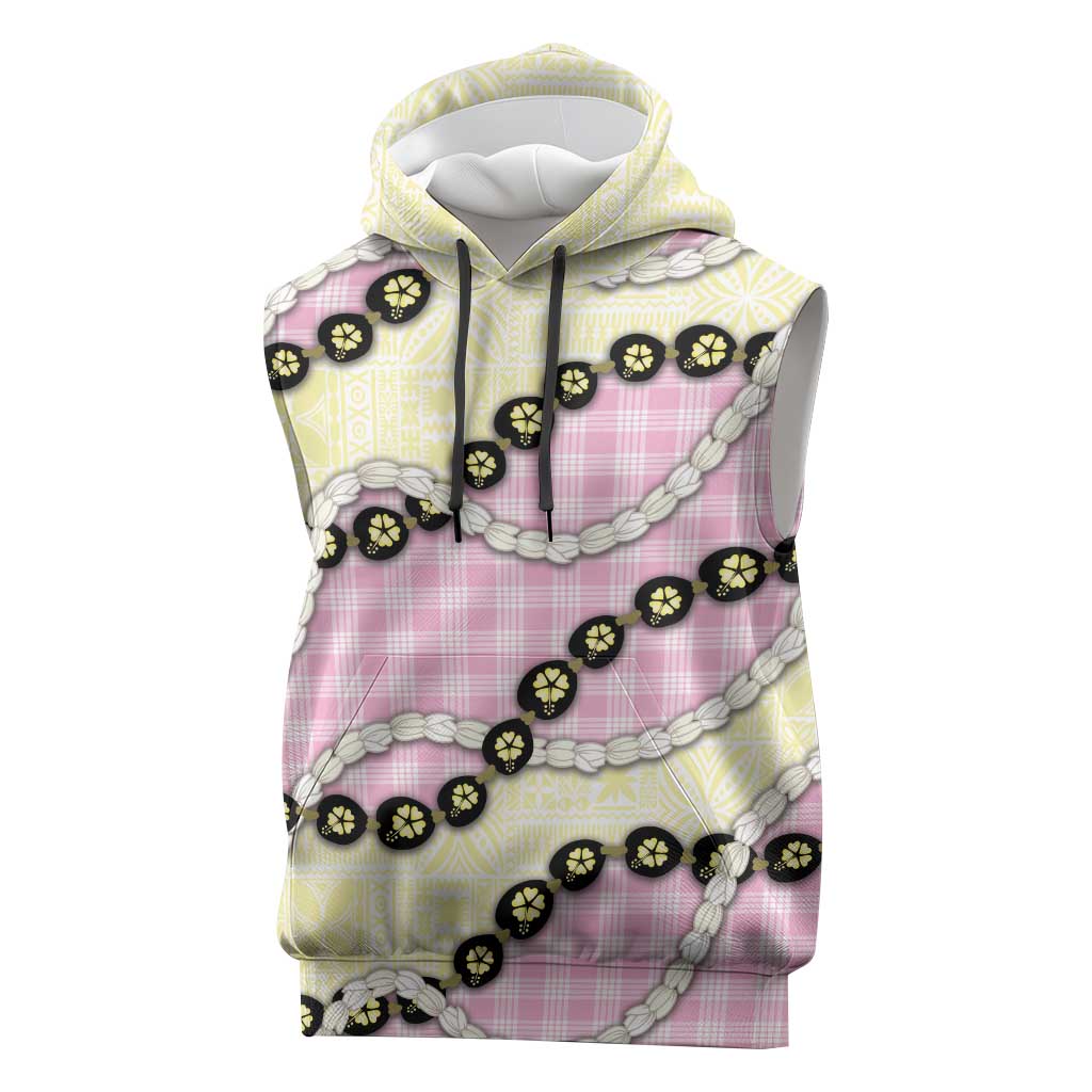 Pink Palaka Hawaii Sleeveless Hoodie Kukui Nut Pikake Lei Hawaiian Tapa Pattern - Polynesian Pride