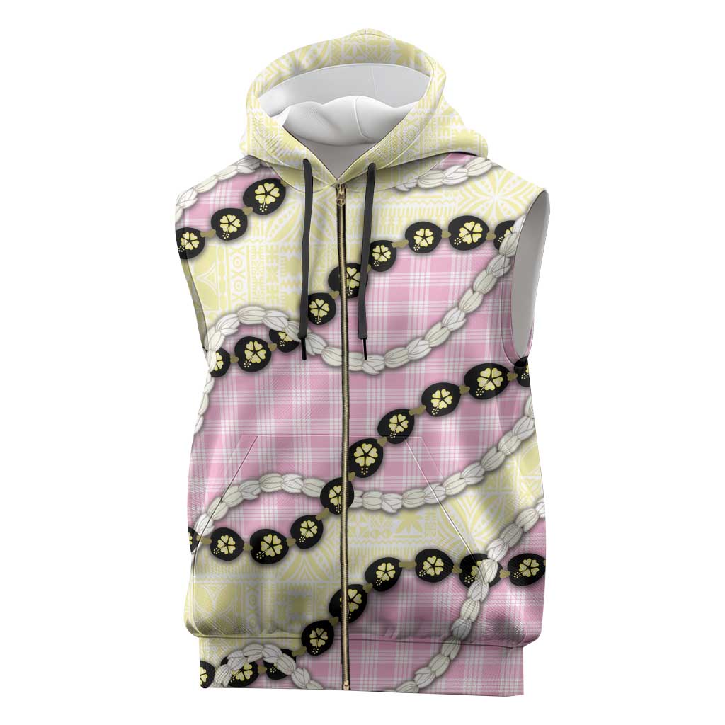 Pink Palaka Hawaii Sleeveless Zip Hoodie Kukui Nut Pikake Lei Hawaiian Tapa Pattern - Polynesian Pride