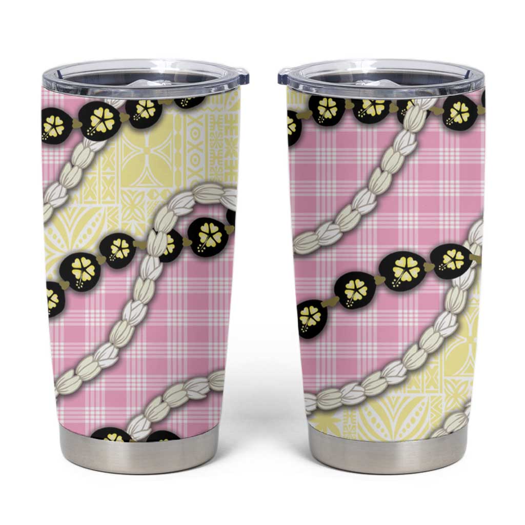 Pink Palaka Hawaii Tumbler Cup Kukui Nut Pikake Lei Hawaiian Tapa Pattern - Polynesian Pride