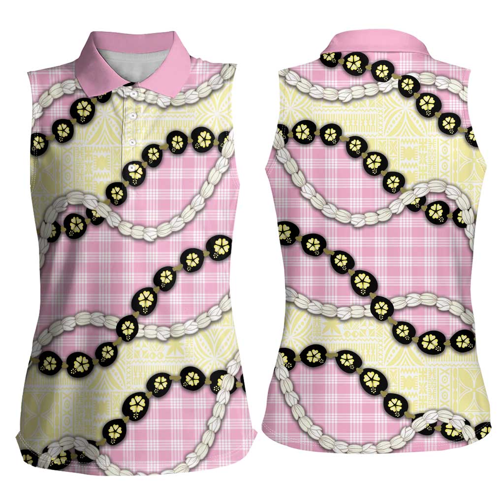 Pink Palaka Hawaii Women Sleeveless Polo Shirt Kukui Nut Pikake Lei Hawaiian Tapa Pattern - Polynesian Pride