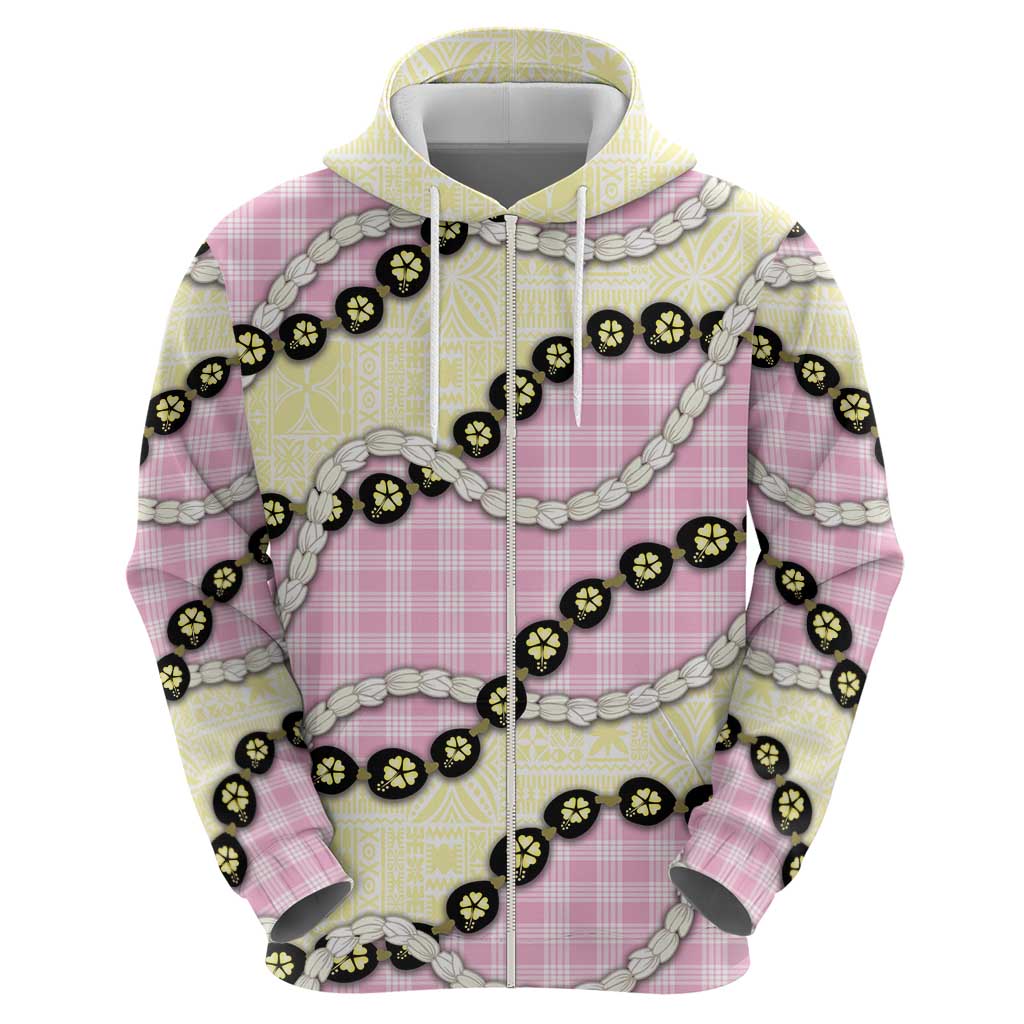 Pink Palaka Hawaii Zip Hoodie Kukui Nut Pikake Lei Hawaiian Tapa Pattern - Polynesian Pride