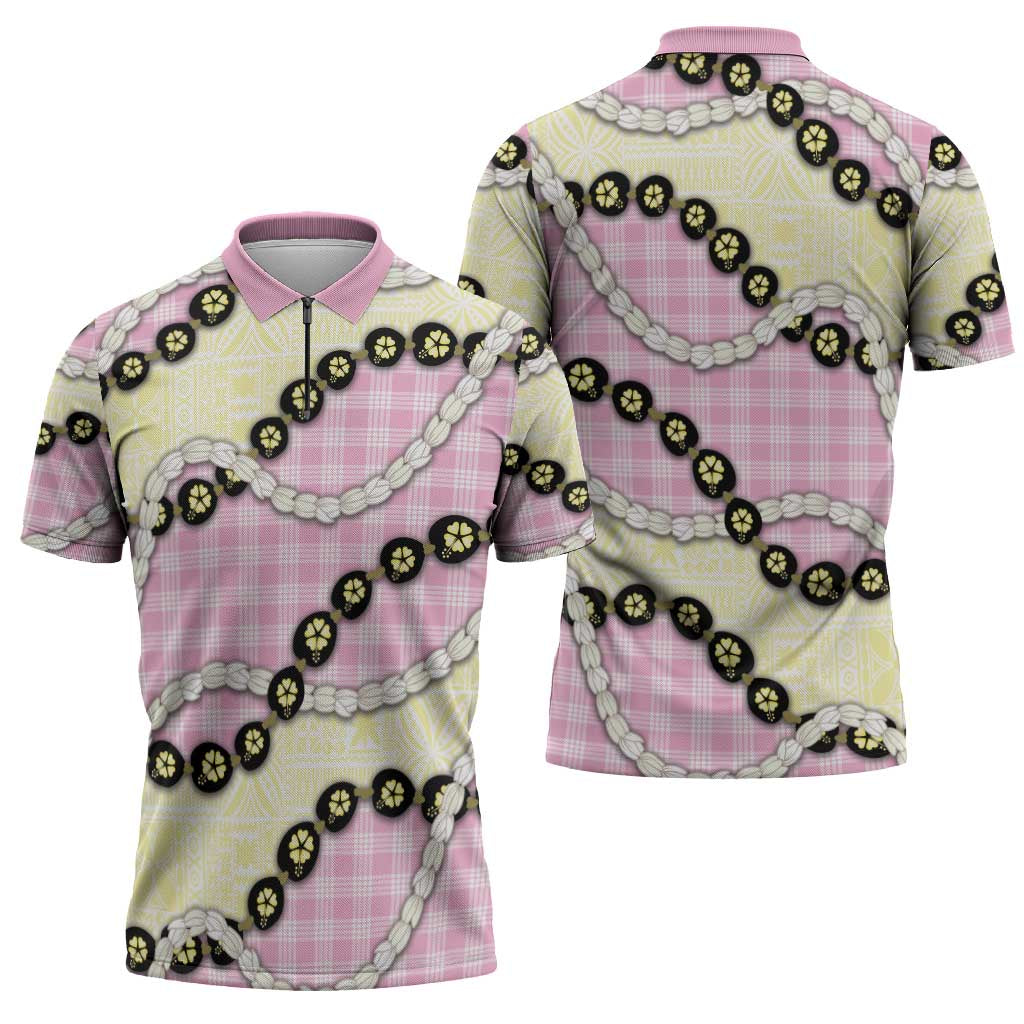 Pink Palaka Hawaii Zipper Polo Shirt Kukui Nut Pikake Lei Hawaiian Tapa Pattern - Polynesian Pride