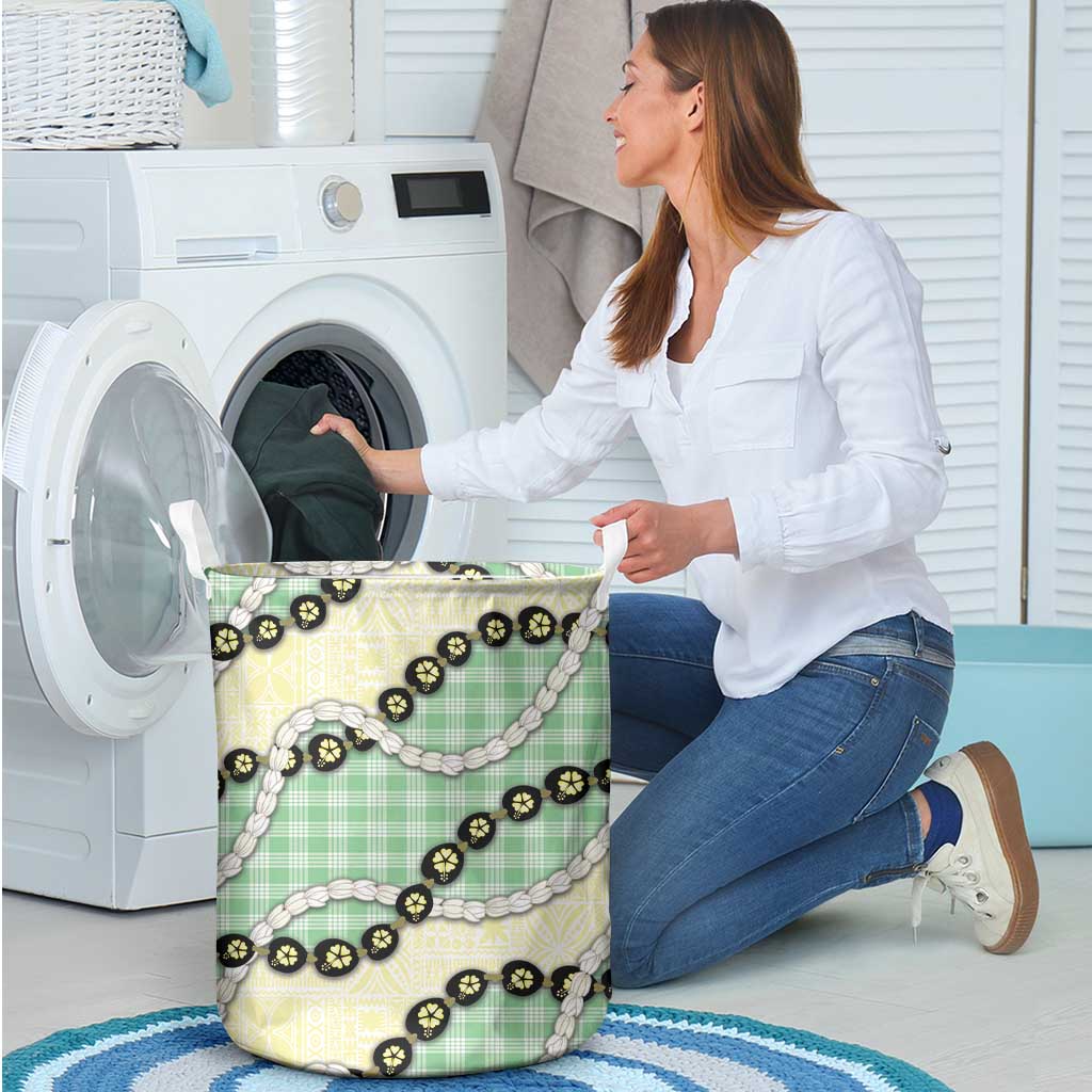 Green Palaka Hawaii Laundry Basket Kukui Nut Pikake Lei Hawaiian Tapa Pattern - Polynesian Pride