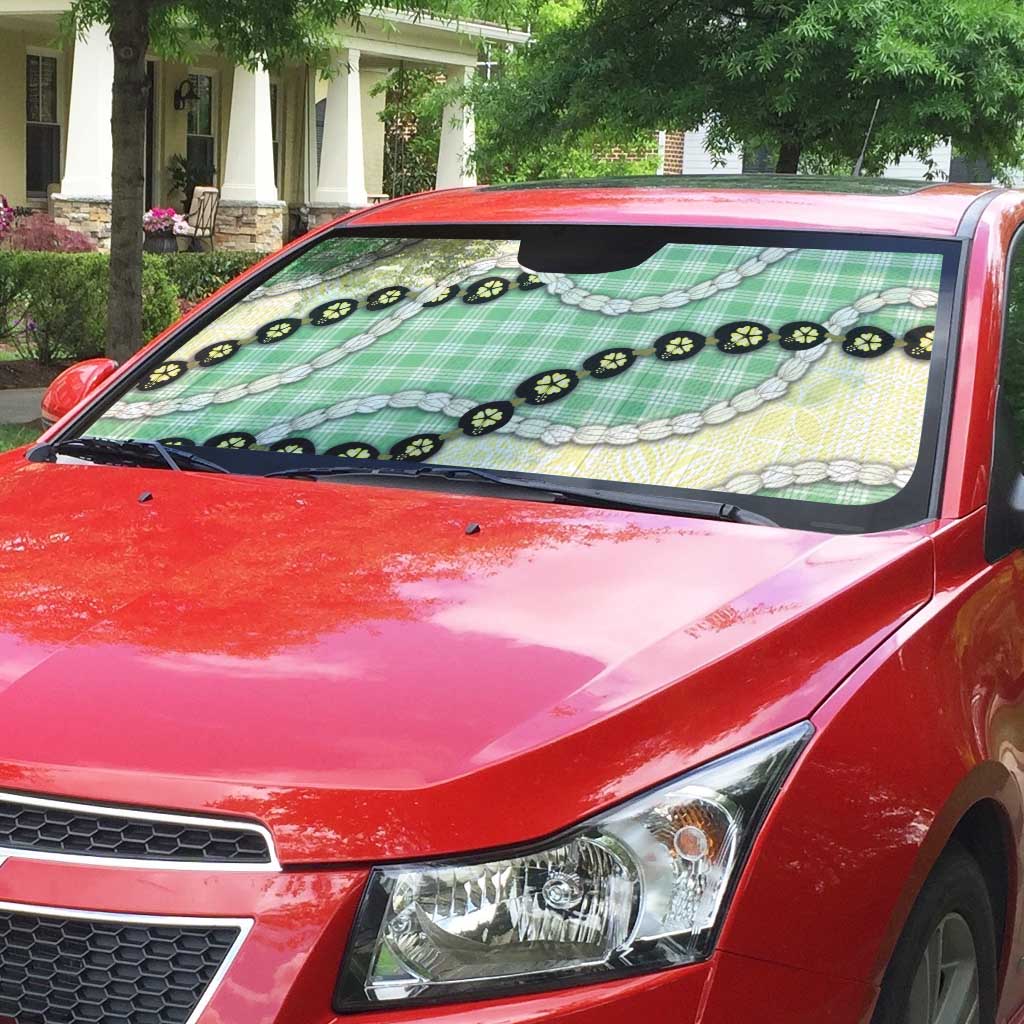 Green Palaka Hawaii Auto Sun Shade Kukui Nut Pikake Lei Hawaiian Tapa Pattern - Polynesian Pride