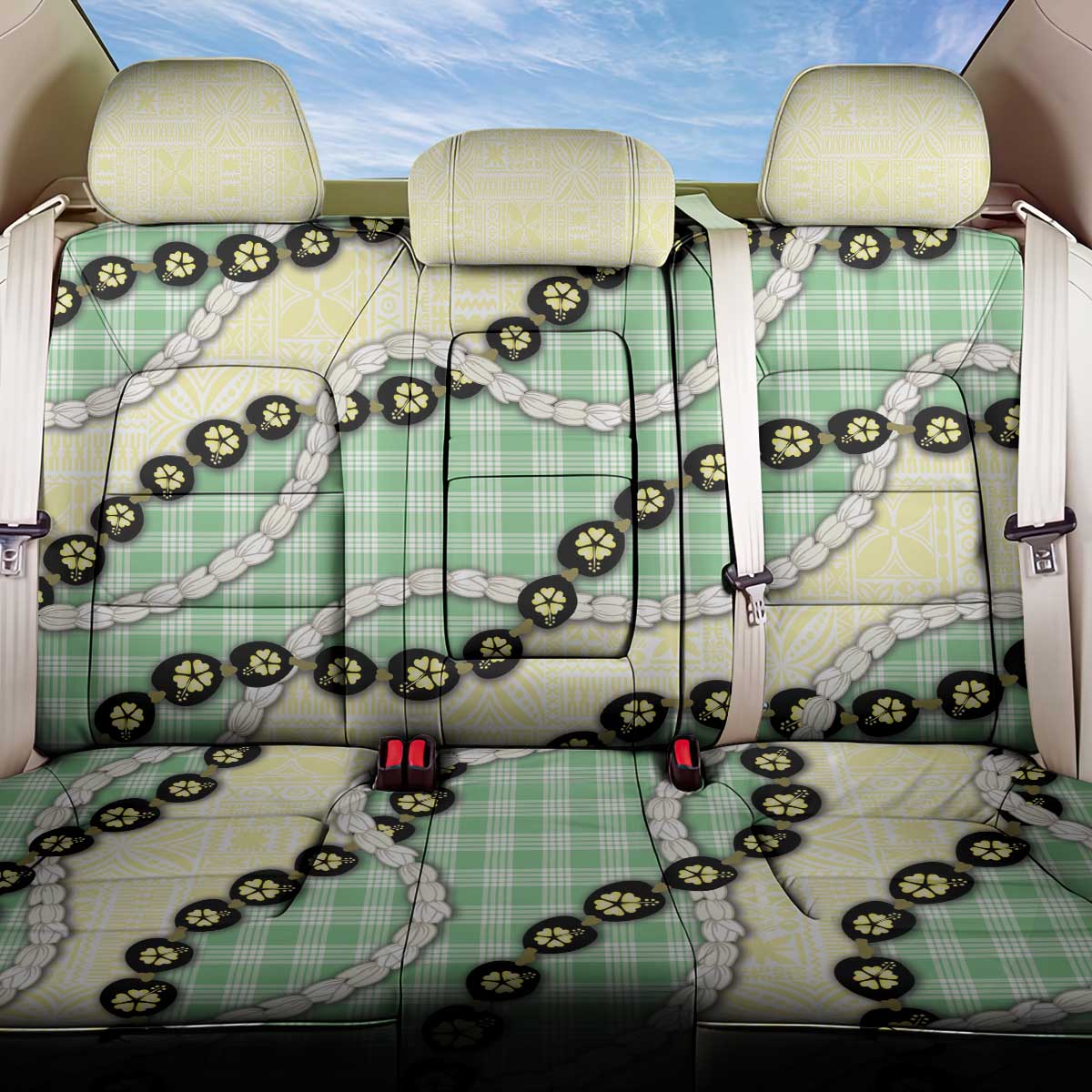 Green Palaka Hawaii Back Car Seat Cover Kukui Nut Pikake Lei Hawaiian Tapa Pattern - Polynesian Pride