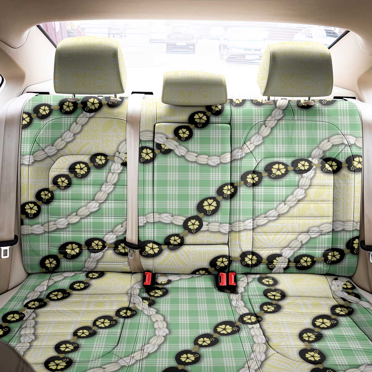 Green Palaka Hawaii Back Car Seat Cover Kukui Nut Pikake Lei Hawaiian Tapa Pattern - Polynesian Pride