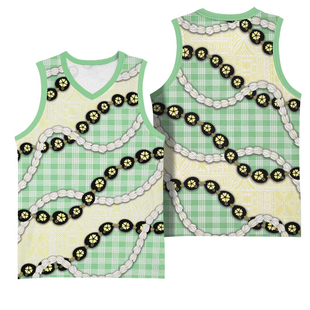 Green Palaka Hawaii Basketball Jersey Kukui Nut Pikake Lei Hawaiian Tapa Pattern - Polynesian Pride